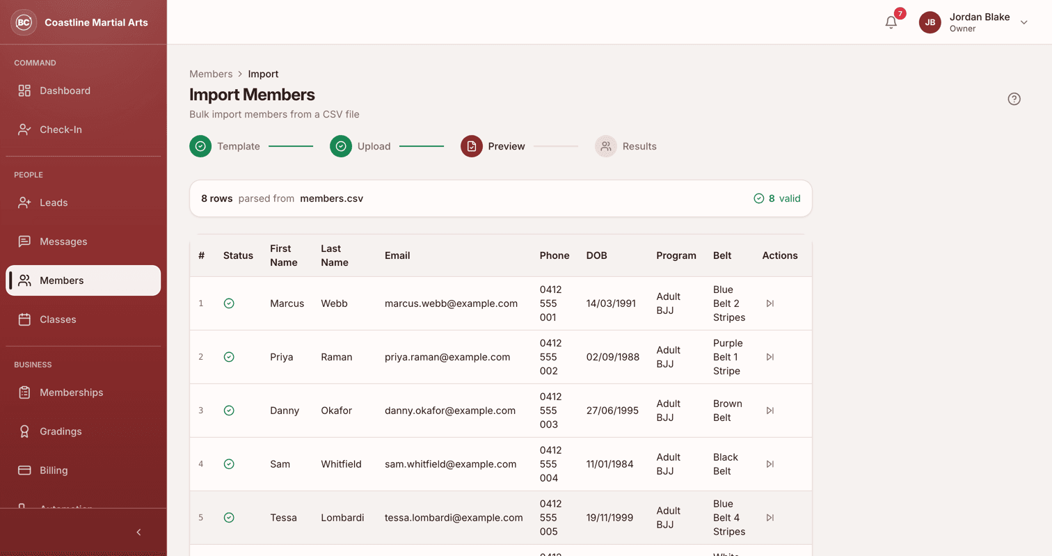 Product screenshot: member import with belts and stripes