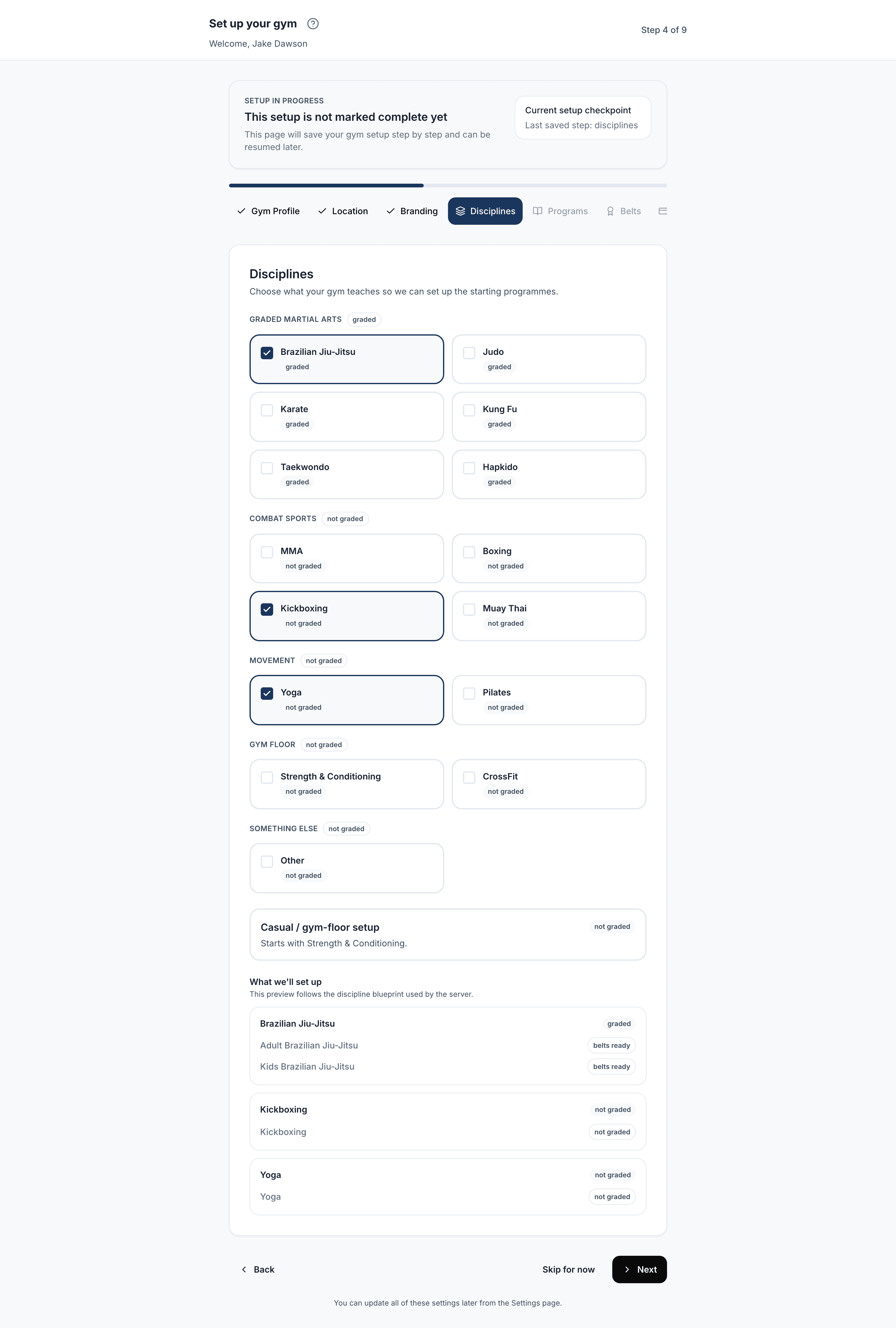 Product screenshot: setup wizard discipline preview