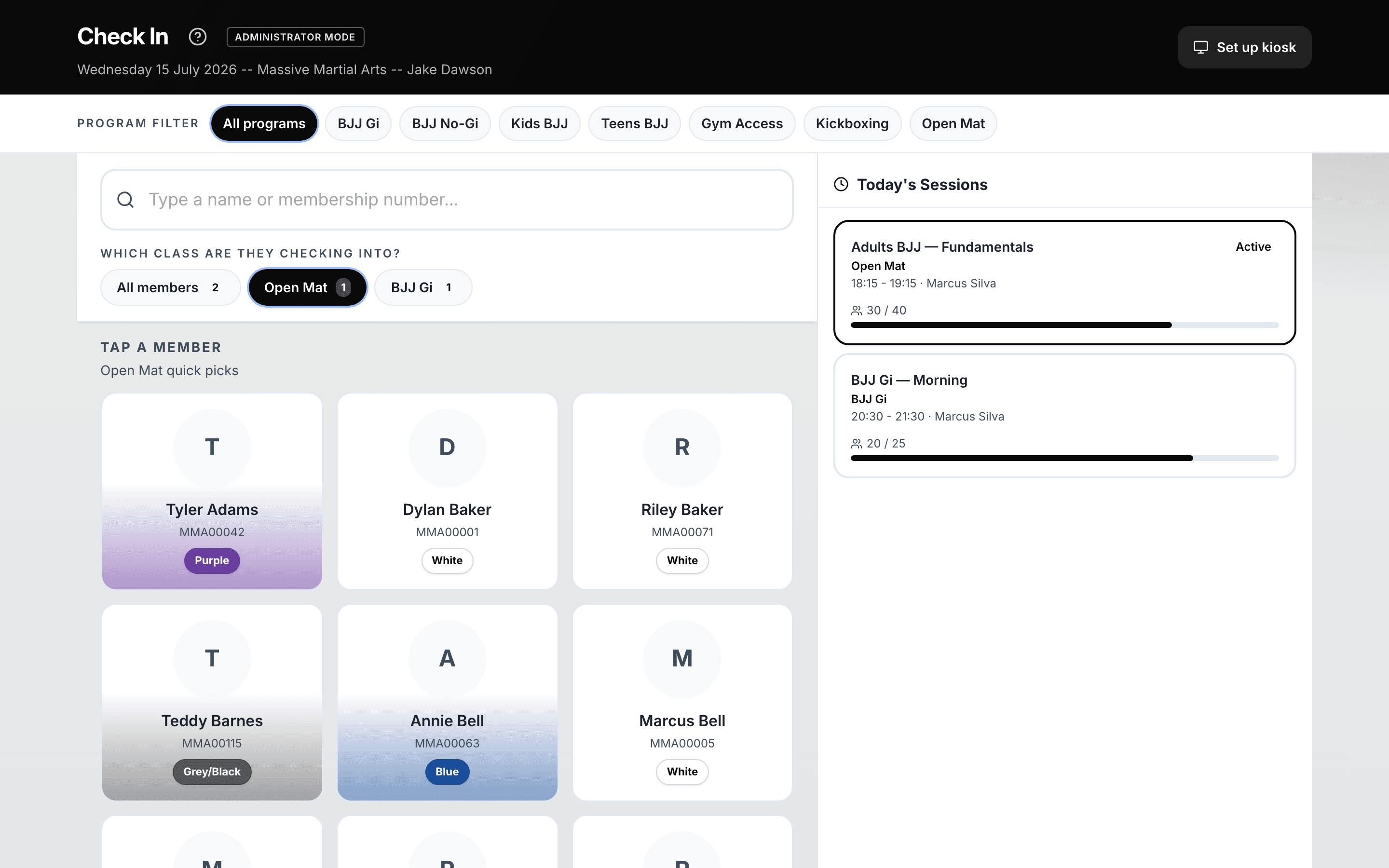 Product screenshot: tablet kiosk check-in with QR waiver handoff