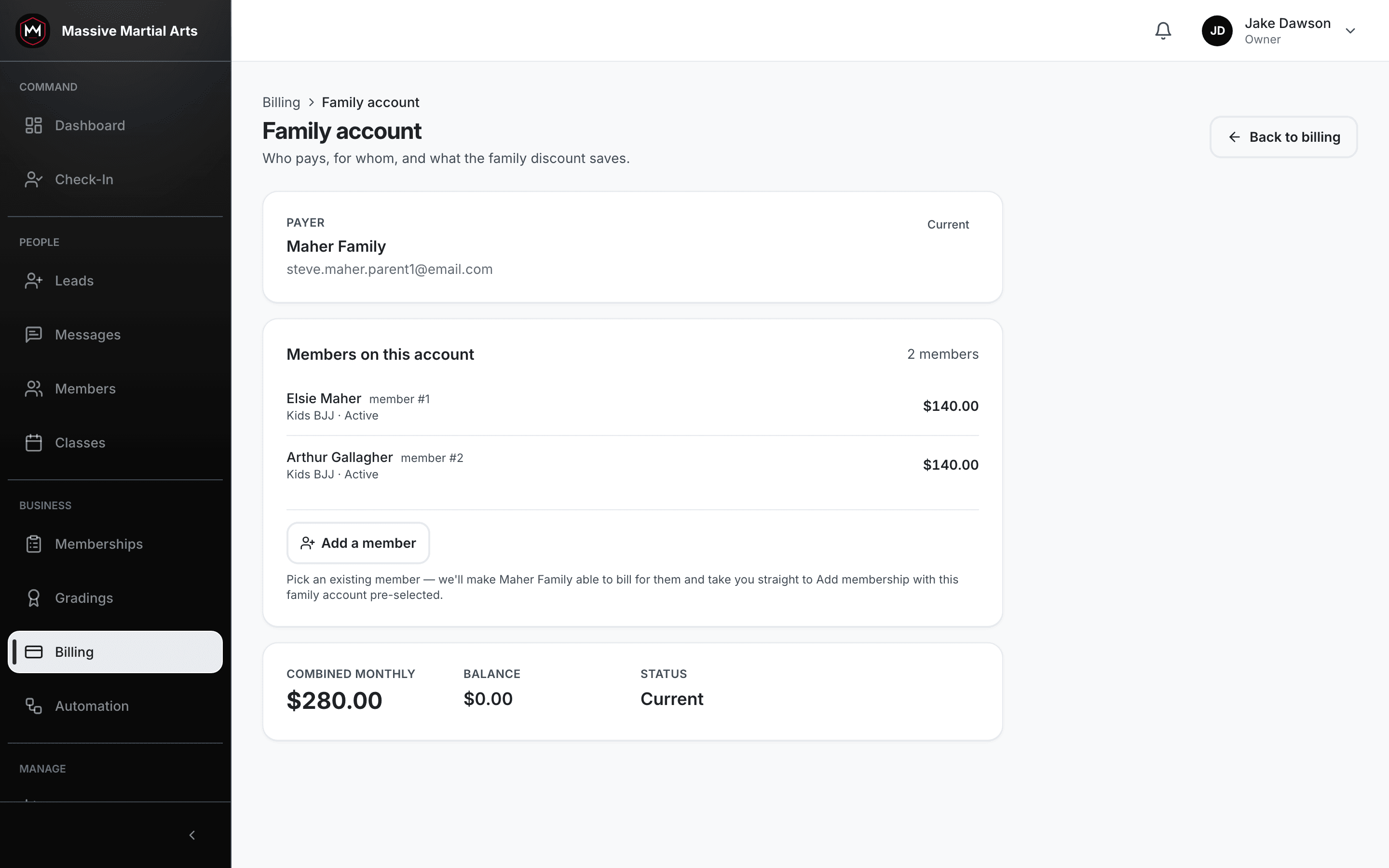 Product screenshot: household billing with the sibling discount applied