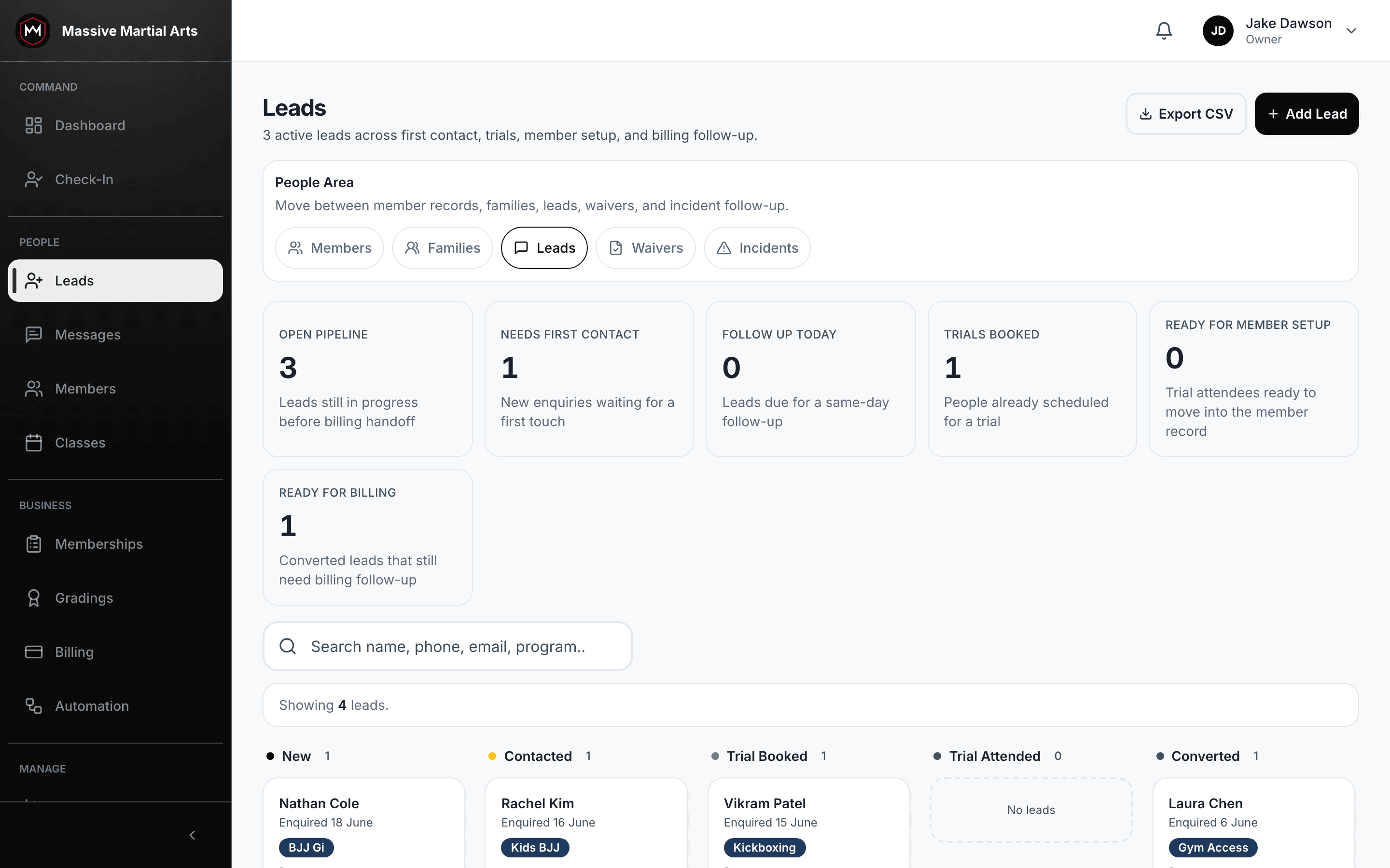 Product screenshot: lead pipeline board