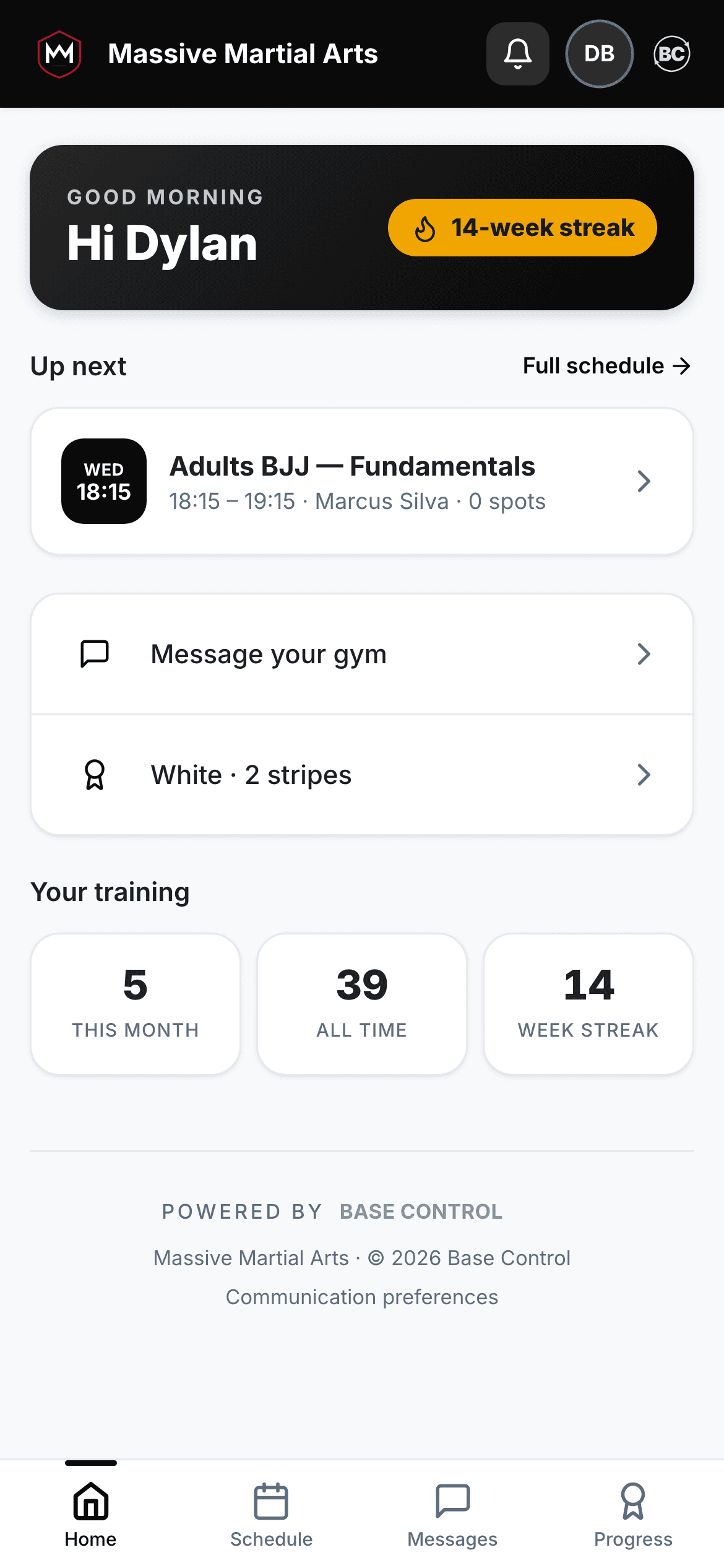 Product screenshot: the member app home launchpad, in a gym's own colours