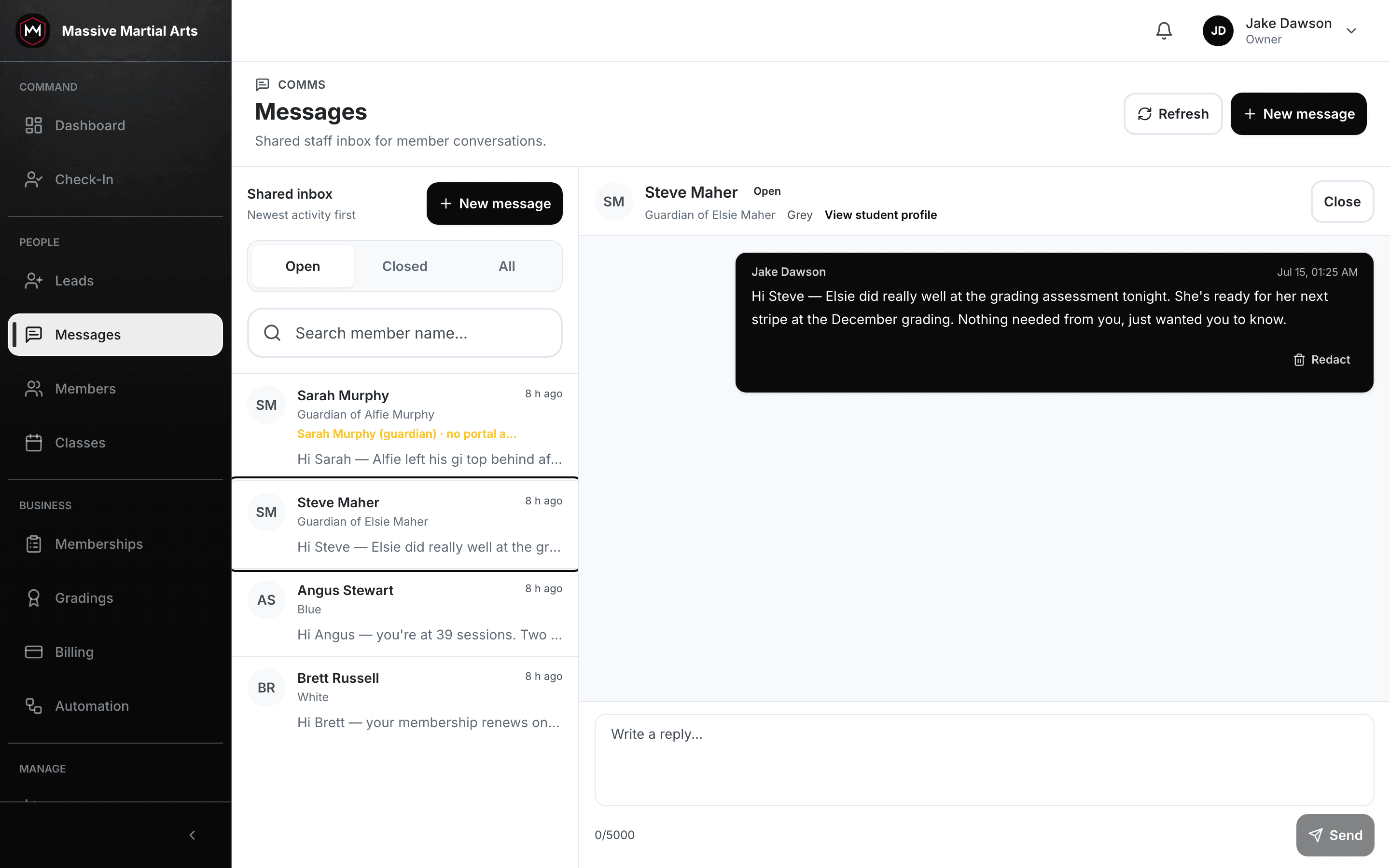 Product screenshot: shared staff inbox, with a junior member's thread addressed to their guardian