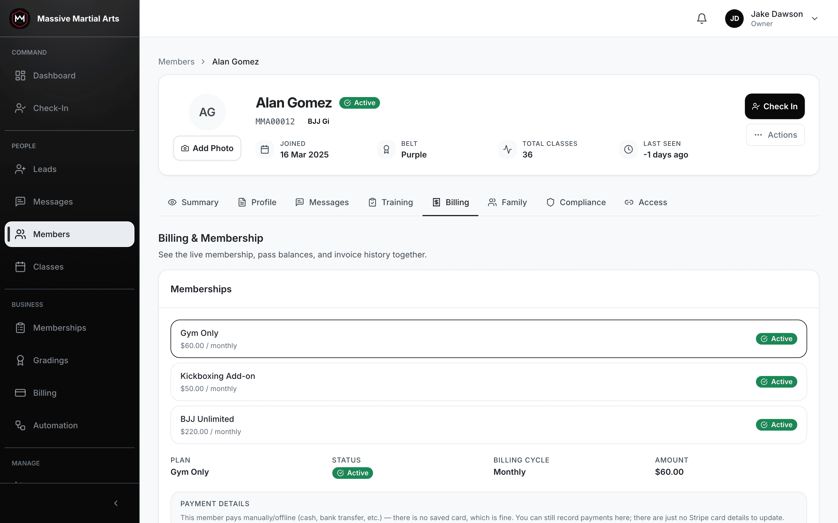 Product screenshot: one member holding three memberships, jiu-jitsu, kickboxing and gym access