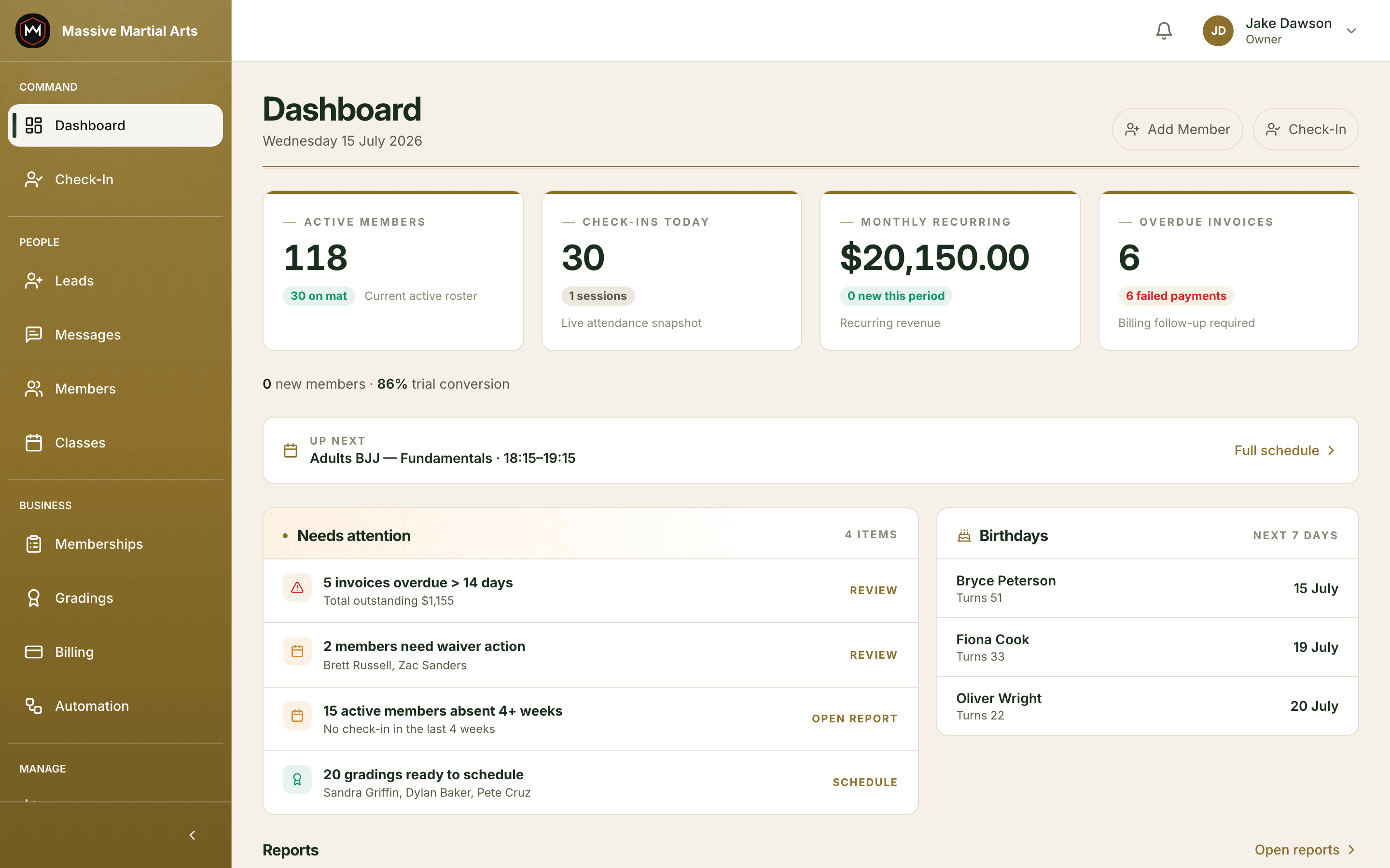 Product screenshot: the same dashboard under the Club Classic palette