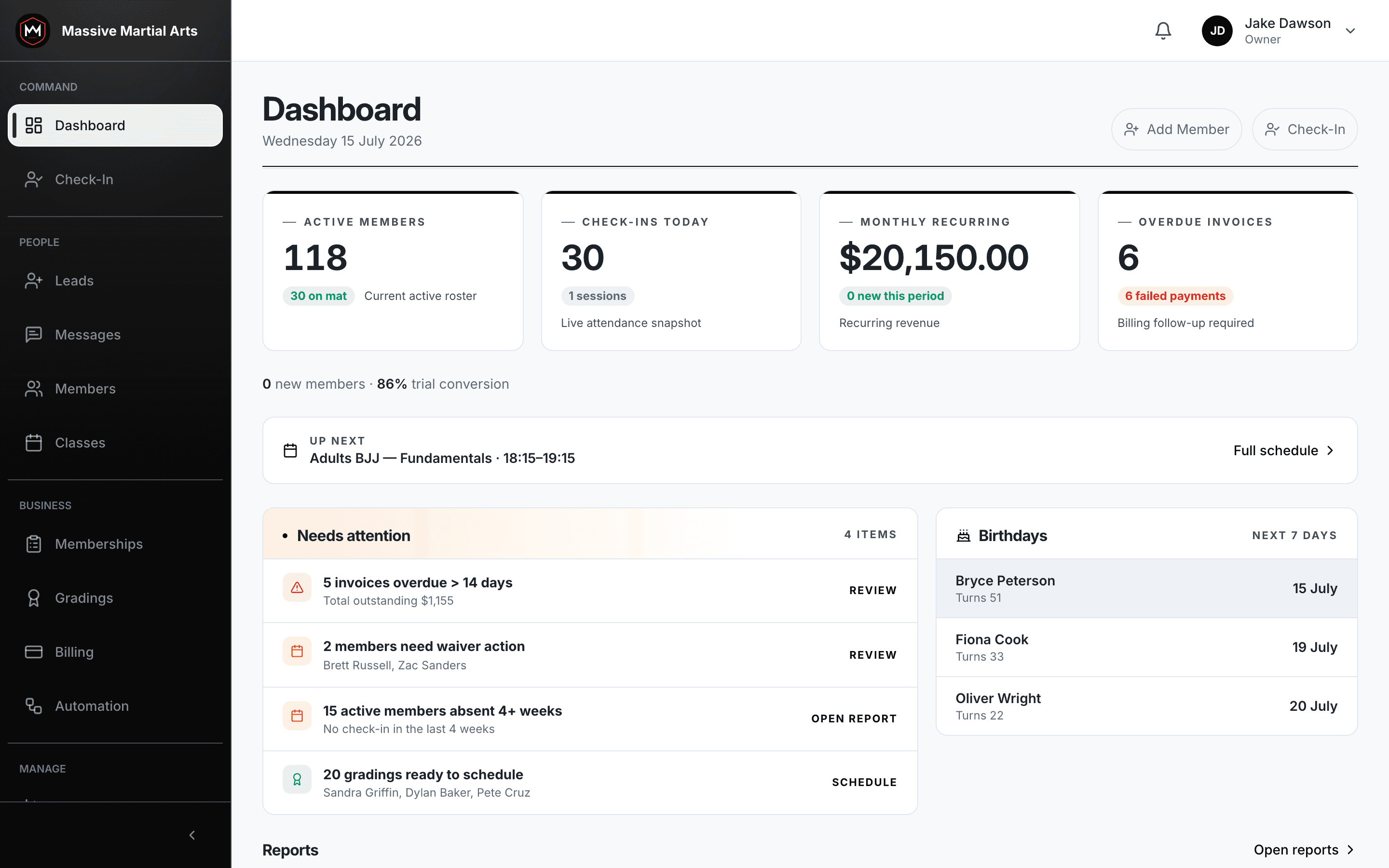 Product screenshot: the staff dashboard in a gym’s own dark brand colour